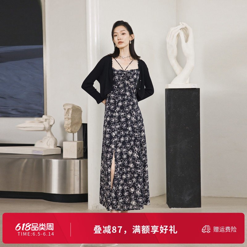 婉甸夏季黑白蝴蝶花吊带连衣裙1242N08RS2