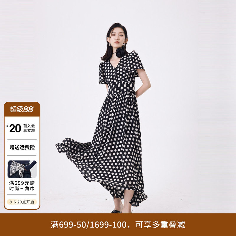 婉甸夏季黑白大波点短袖连衣裙1242N30RS3