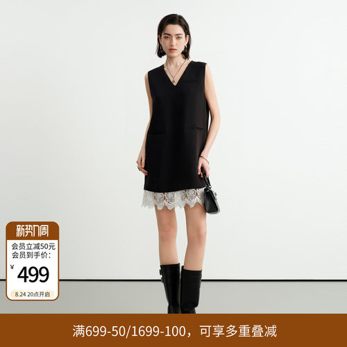 黑色蕾丝拼接连衣裙