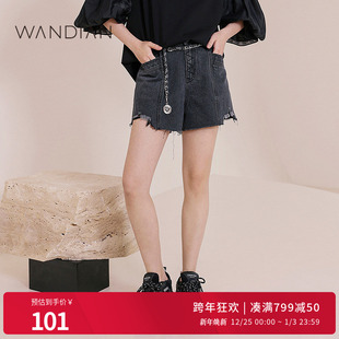 复古毛边脚口流苏1232X05SX1 新品 婉甸黑色牛仔短裤 夏季