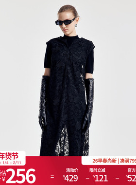 婉甸2026春季新品黑色立体绣花X型无袖微透古典连衣裙1251N03ZY1