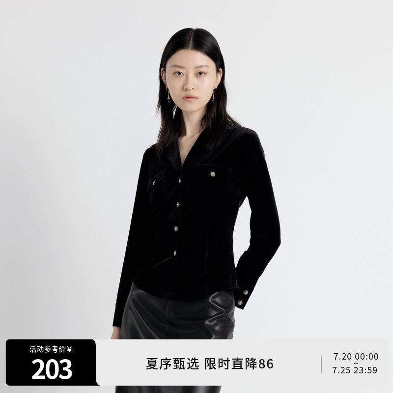 婉甸秋季耀石黑丝绒衬衫金丝绒修身女外套1243S09RJ3