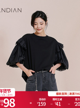 婉甸黑色拼接短袖T恤夏季新品睫毛蕾丝拼接泡泡袖小衫1232T08RS1