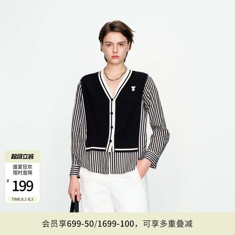 婉甸黑色拼接长袖毛织开衫通勤风针织衫1241W35SX4 - 实物图