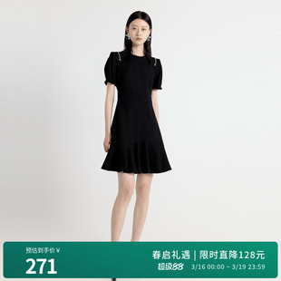 婉甸2025年秋季新品耀石黑短袖连喇叭花灰色A字连衣裙1243N03DY2