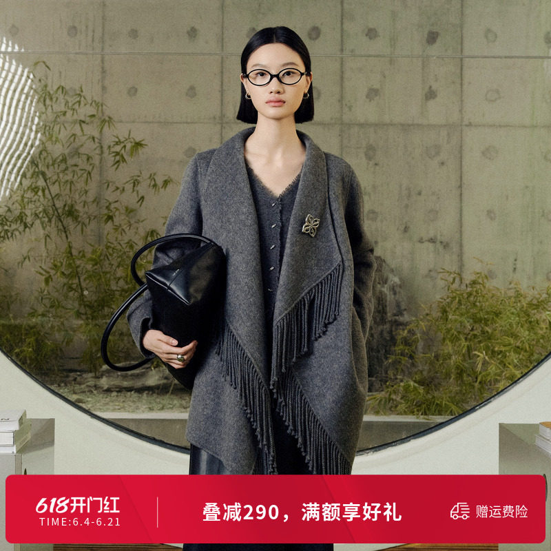 婉甸冬岩石灰流苏大衣收腰腰带毛呢时尚外套1244C12ZY3