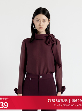 婉甸秋套头蝴蝶结钉珠立领蕾丝衫喇叭袖上衣1243H11DM4