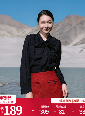 婉甸2025黑色长袖衬衫瑞丽风H型系带蝴蝶结1241S03XJ1