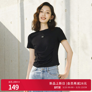 修身 黑色坑条短袖 型休闲风女士T恤1252T03SX1YX 新品 婉甸2026夏季