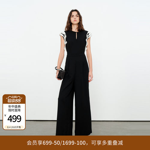 婉甸2026夏季新品拼接连身高腰荷叶边阔腿裤连体衣长裤1252J01JD3