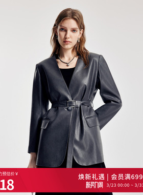 婉甸2026春季新品大象灰V领中长款西装H型系腰带皮外套1251Q03GX2