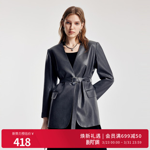 西装 大象灰V领中长款 H型系腰带皮外套1251Q03GX2 新品 婉甸2026春季