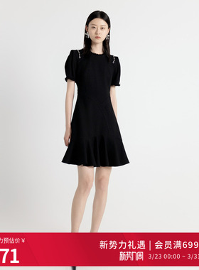 婉甸2025年秋季新品耀石黑短袖连喇叭花灰色A字连衣裙1243N03DY2