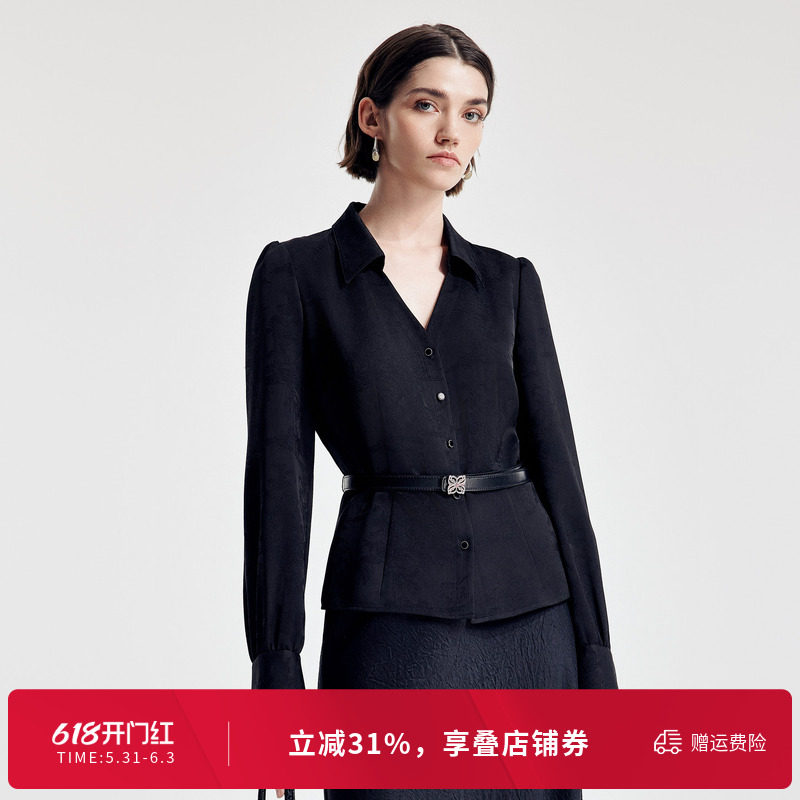婉甸2026春新品黑提花上衣X型系腰带长袖聚会通勤外套1251S07ZY1