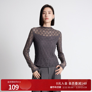 婉甸2025年秋季新品岩石灰蕾丝长袖半高领镂空褶皱上衣1243I03DM4