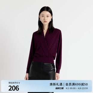 酱紫色毛织套头V领上衣针织衫 1243W23DM4 新品 婉甸2025年秋季