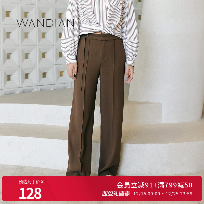 婉甸棕色腰部设计感休闲阔腿长裤