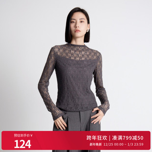 半高领镂空褶皱上衣1243I03DM4 岩石灰蕾丝长袖 婉甸2025年秋季 新品