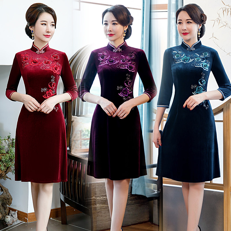 小个子旗袍150cm显高改良版连衣裙秋冬婚礼妈妈喜婆婆中年女2020