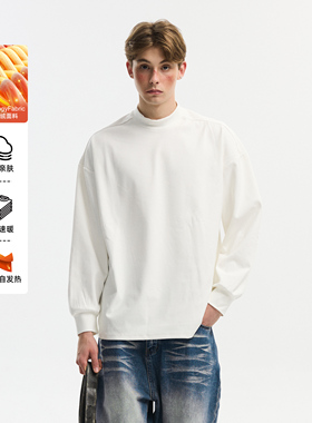 NEVERNEED双面绒半高领德绒长袖T恤男秋季美式纯色保暖内搭打底衫