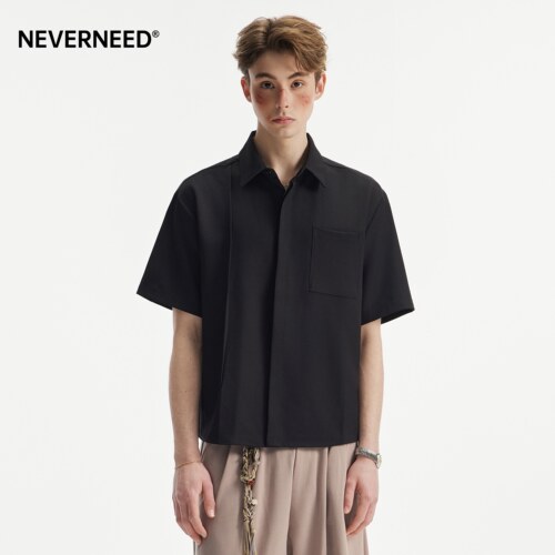NEVERNEED黑色解构短袖衬衫男女