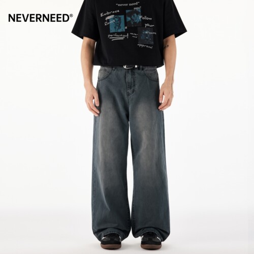 NEVERNEED美式水洗直筒牛仔裤男