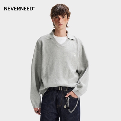 NEVERNEED简约翻V领毛衣男女冬
