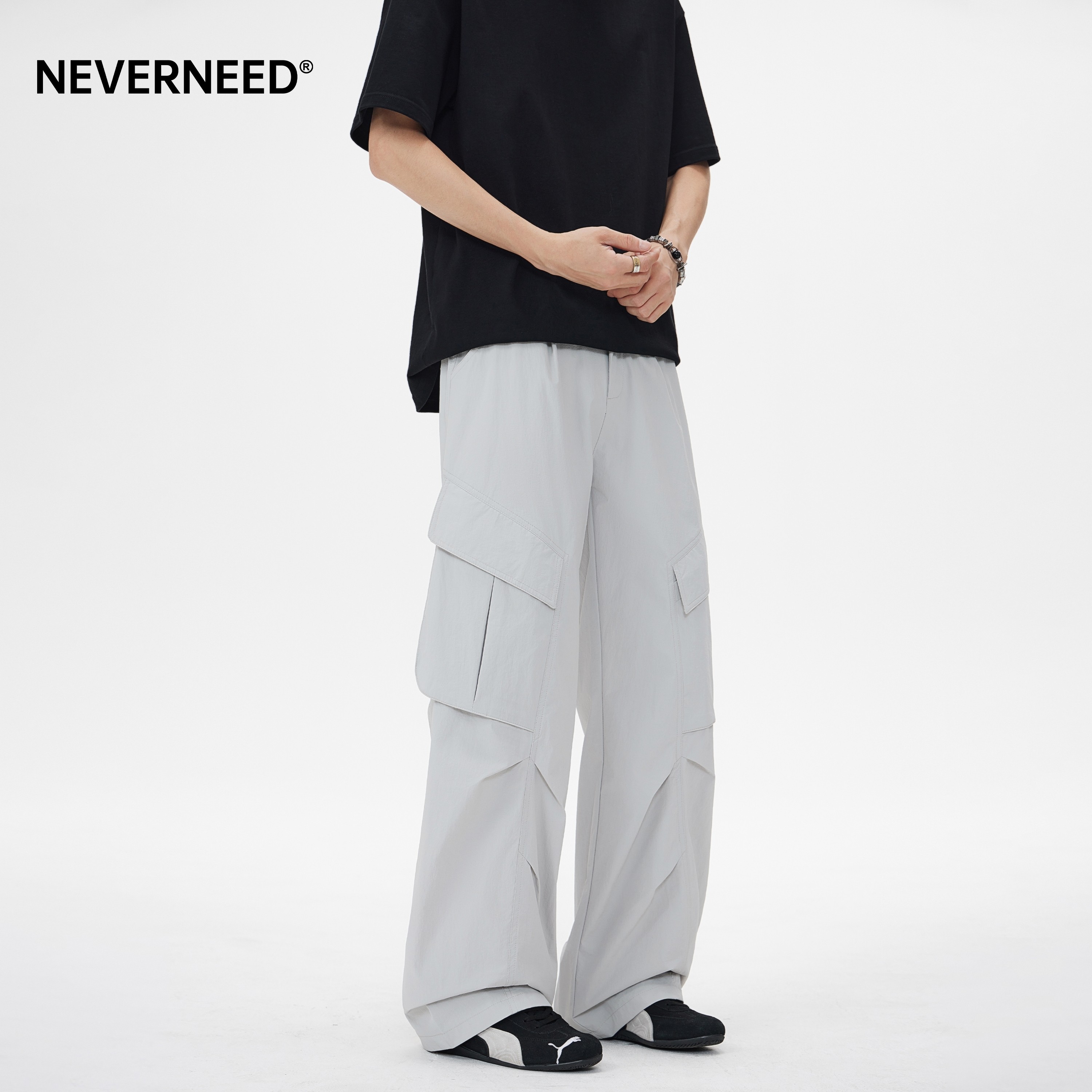 NEVERNEED冰丝速干休闲裤男女夏季薄款美式多口袋褶皱工装A字裤潮,男装,休闲裤,淘宝优惠券,粉丝福利购,淘宝优惠卷