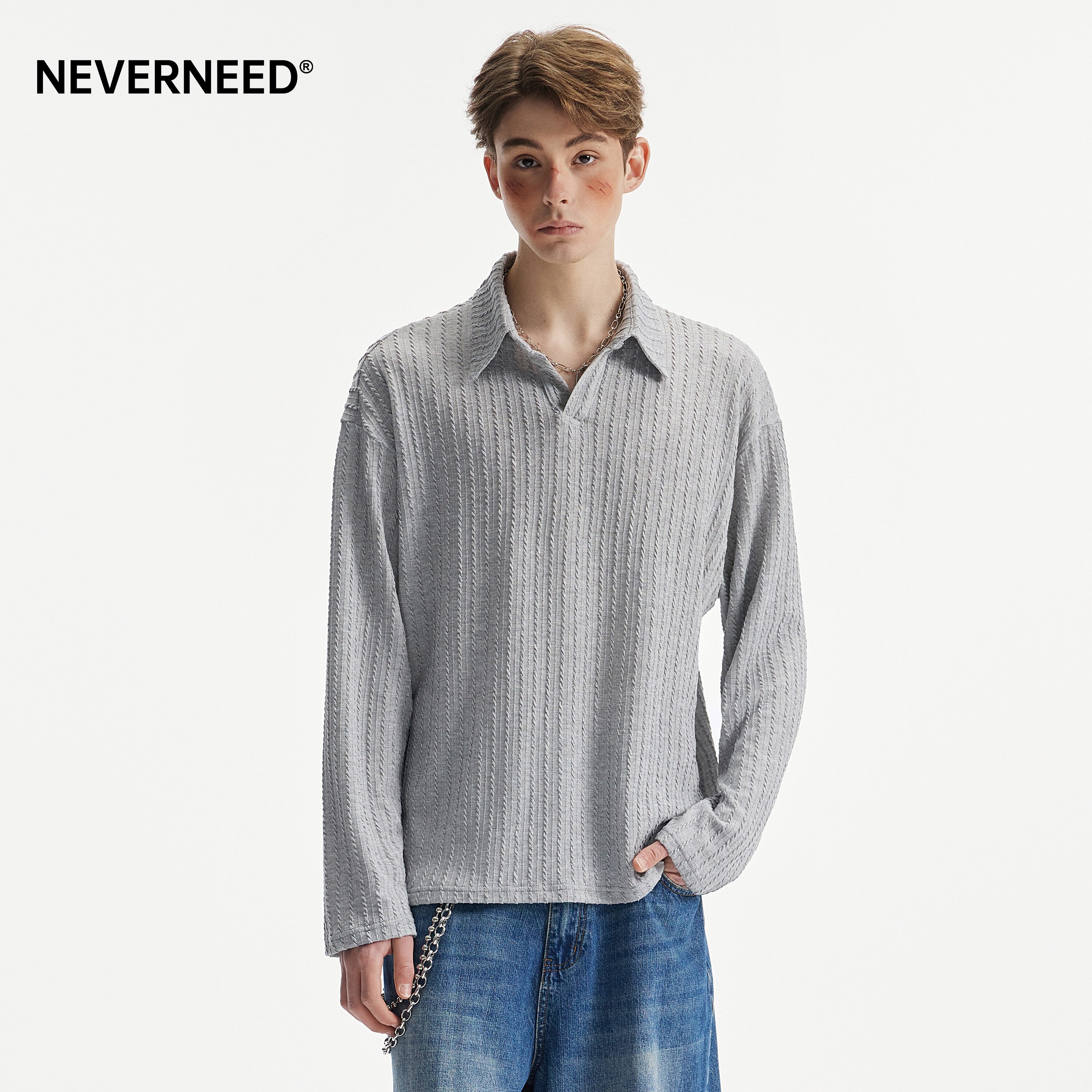 NEVERNEED麦穗纹polo领T恤男春季美式复古慵懒风宽松长袖打底衫潮