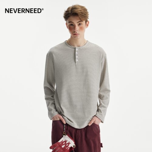 NEVERNEED条纹亨利领长袖T恤男女