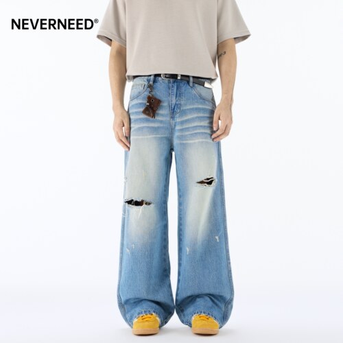 NEVERNEED水洗破洞直筒牛仔裤男
