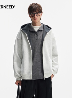 NEVERNEED重磅撞色连帽卫衣男女秋季美式潮牌双拉链宽松开衫外套