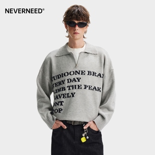 复古休闲情侣字母针织衫 NEVERNEED半拉链polo领毛衣男女冬季 美式