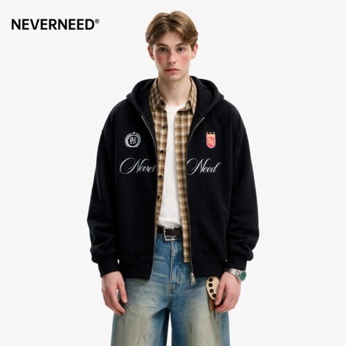 NEVERNEED字母印花连帽卫衣男女