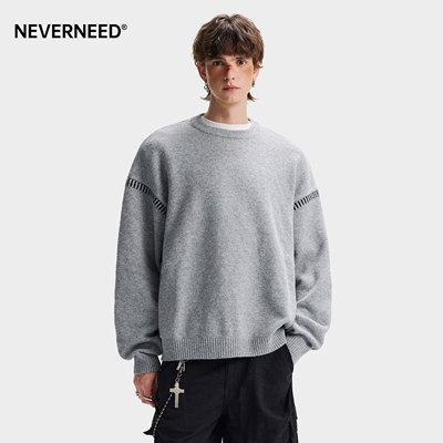 NEVERNEED手缝线纯色圆领毛衣男