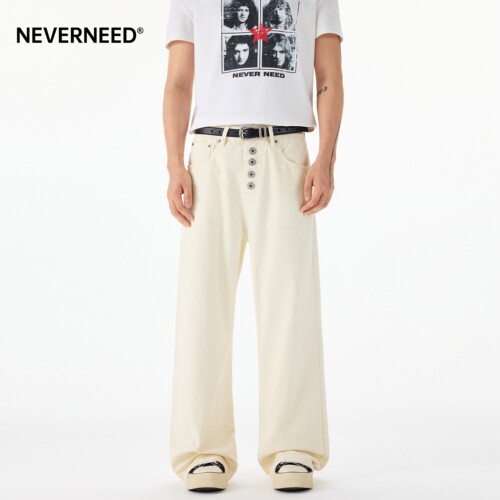 NEVERNEED排扣直筒牛仔裤男女