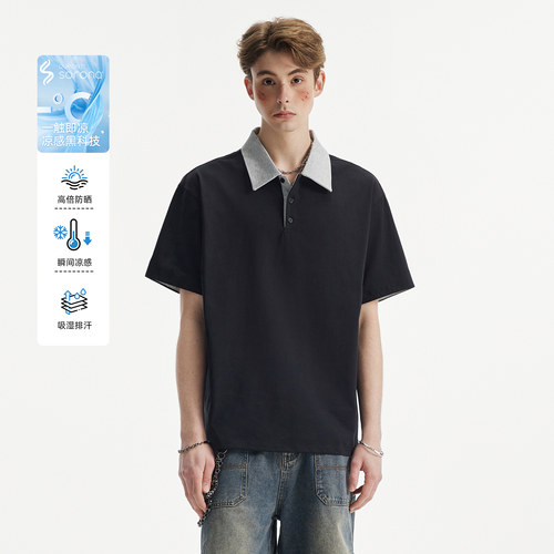 NEVERNEED重磅拼接撞色polo衫男