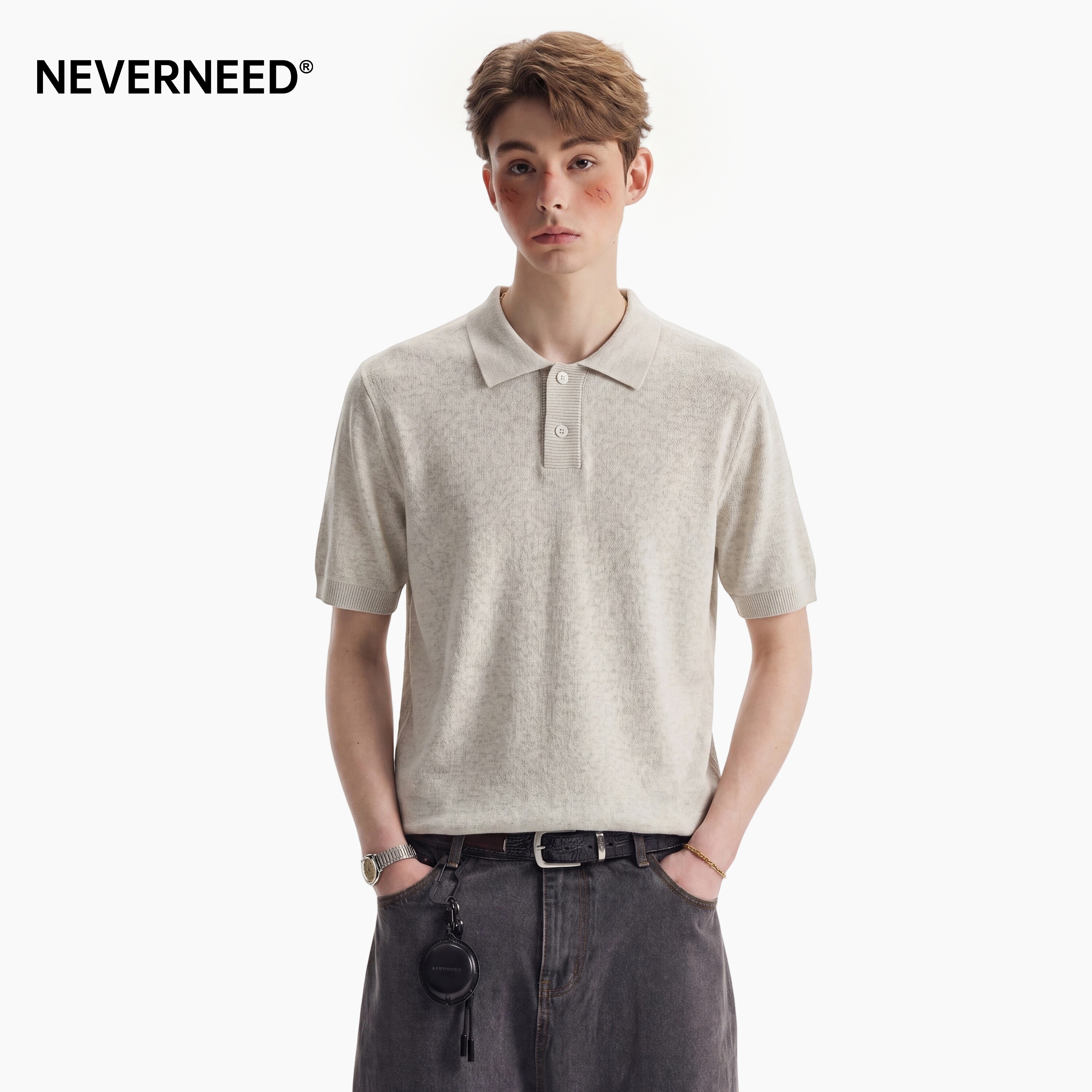 NEVERNEED老钱风亚麻短袖POLO衫图片