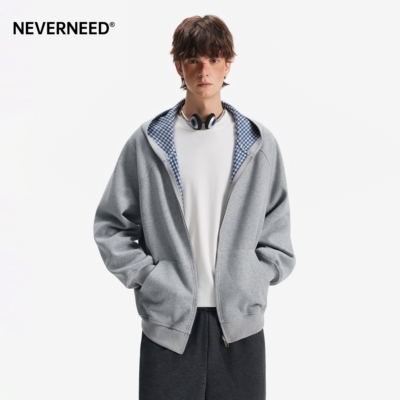 NEVERNEED双面穿格子连帽卫衣男