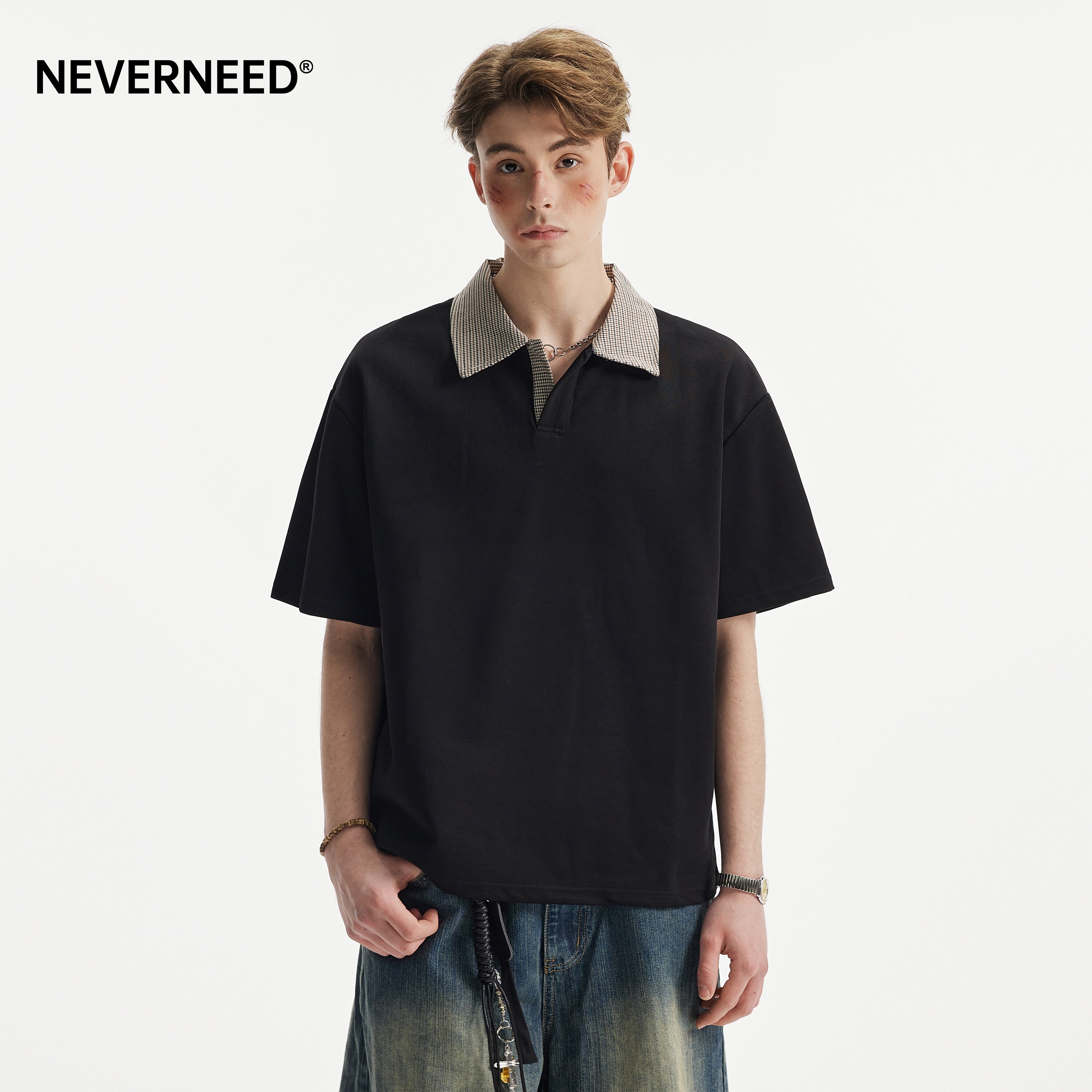 NEVERNEED拼接千鸟格polo衫男女图片