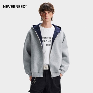 NEVERNEED重磅双拉链连帽卫衣男女冬季美式休闲情侣撞色开衫外套