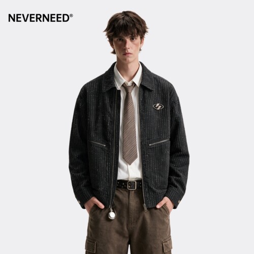 NEVERNEED针花翻领牛仔夹克男女