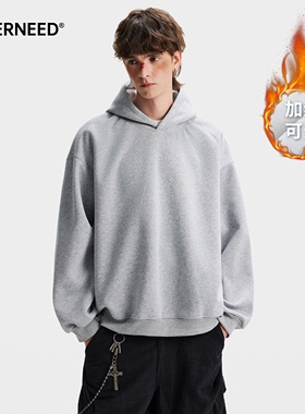 NEVERNEED重磅加绒加厚连帽卫衣男冬季美式boxy短宽廓形外套帽衫