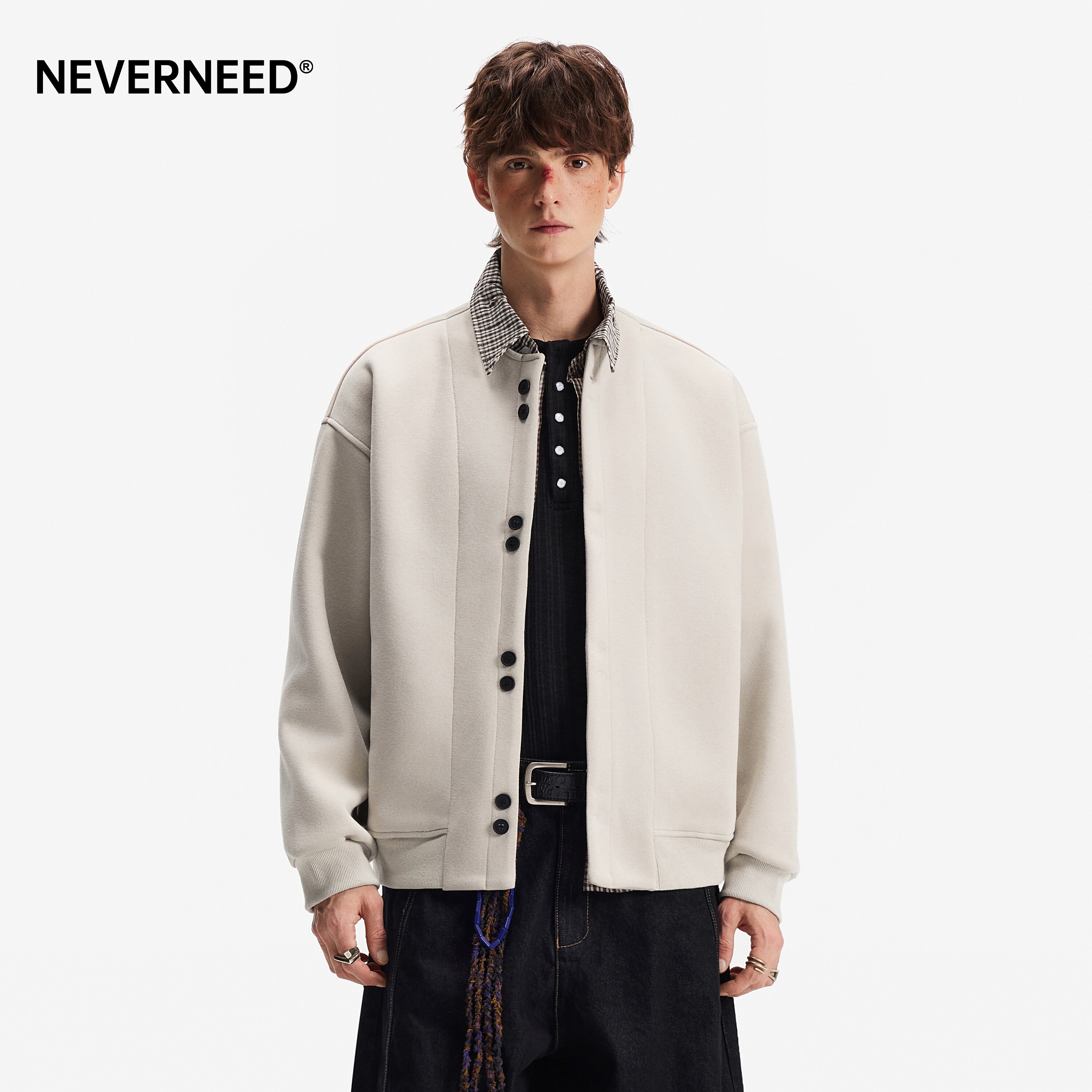 NEVERNEED假两件格纹卫衣男女春图片