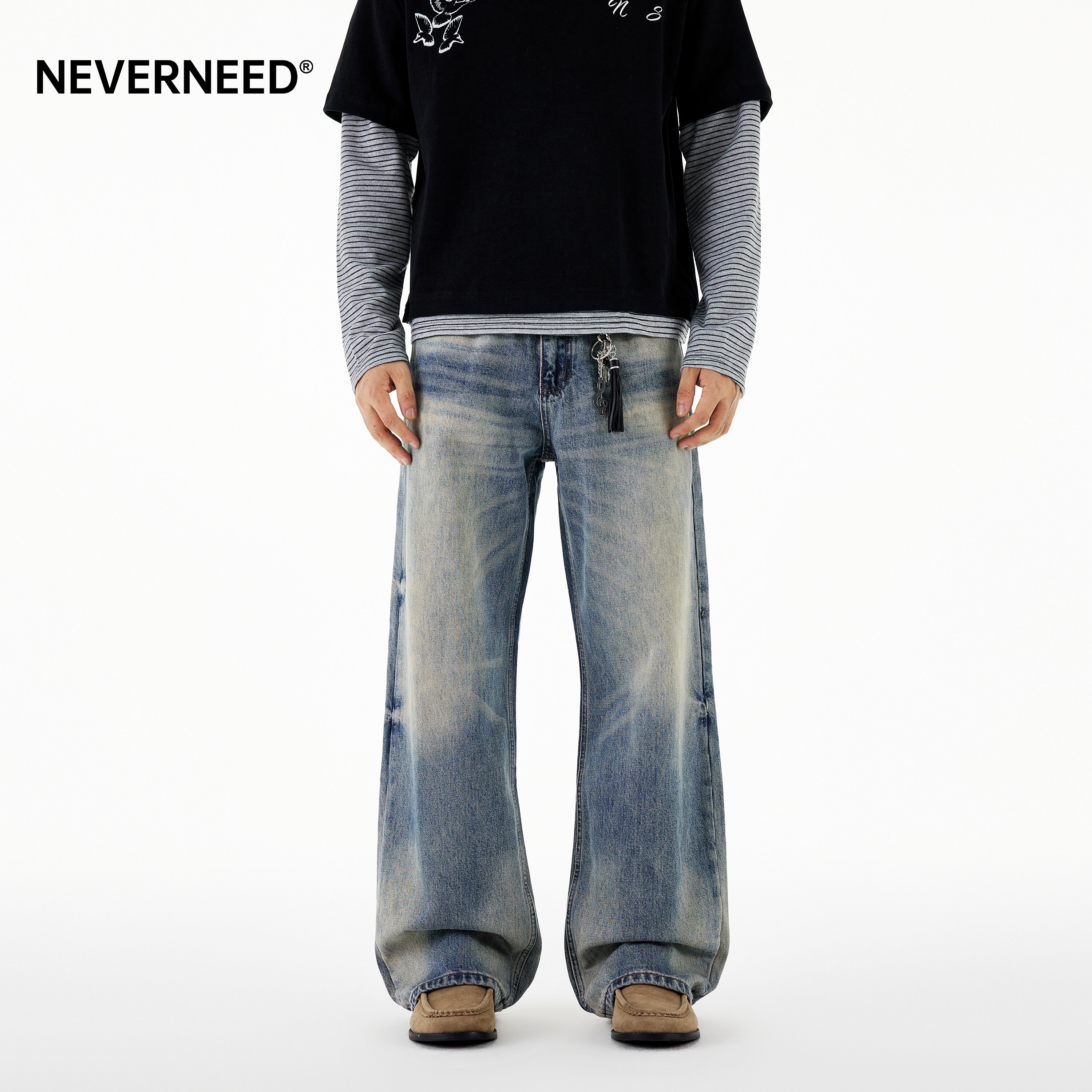 NEVERNEED猫须水洗直筒牛仔裤男图片