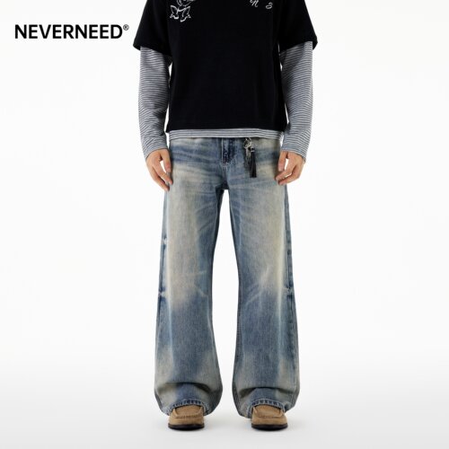 NEVERNEED猫须水洗直筒牛仔裤男