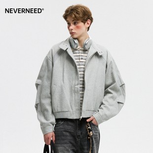 NEVERNEED美式 呢子夹克 cleanfit立领外套男解构拼接廓形boxy短款