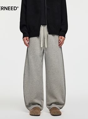 NEVERNEED美式高街纯色休闲卫裤男女秋季解构拼接宽松阔腿弯刀裤