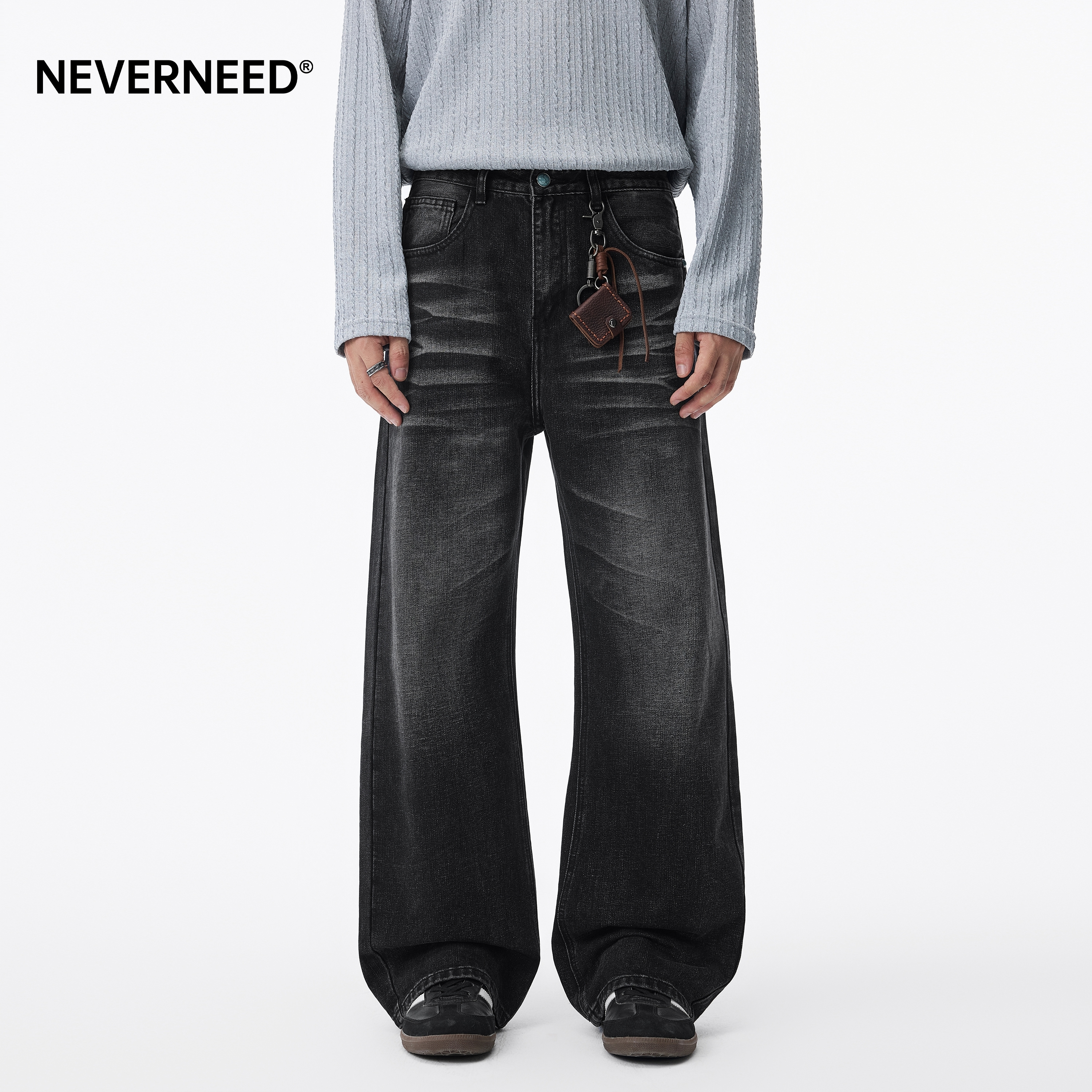 NEVERNEED黑色水洗猫须牛仔裤男