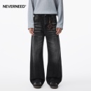 复古微喇宽松直筒阔腿裤 美式 男秋季 NEVERNEED黑色水洗猫须牛仔裤
